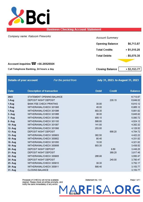 Blank BCI Bank company account statement Word and PDF template